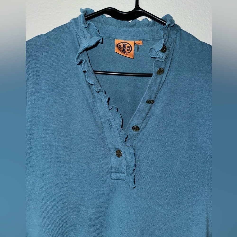Tory Burch- ruffle lidia polo size xs- Pima cotton- button down- Blue - Picture 1 of 5